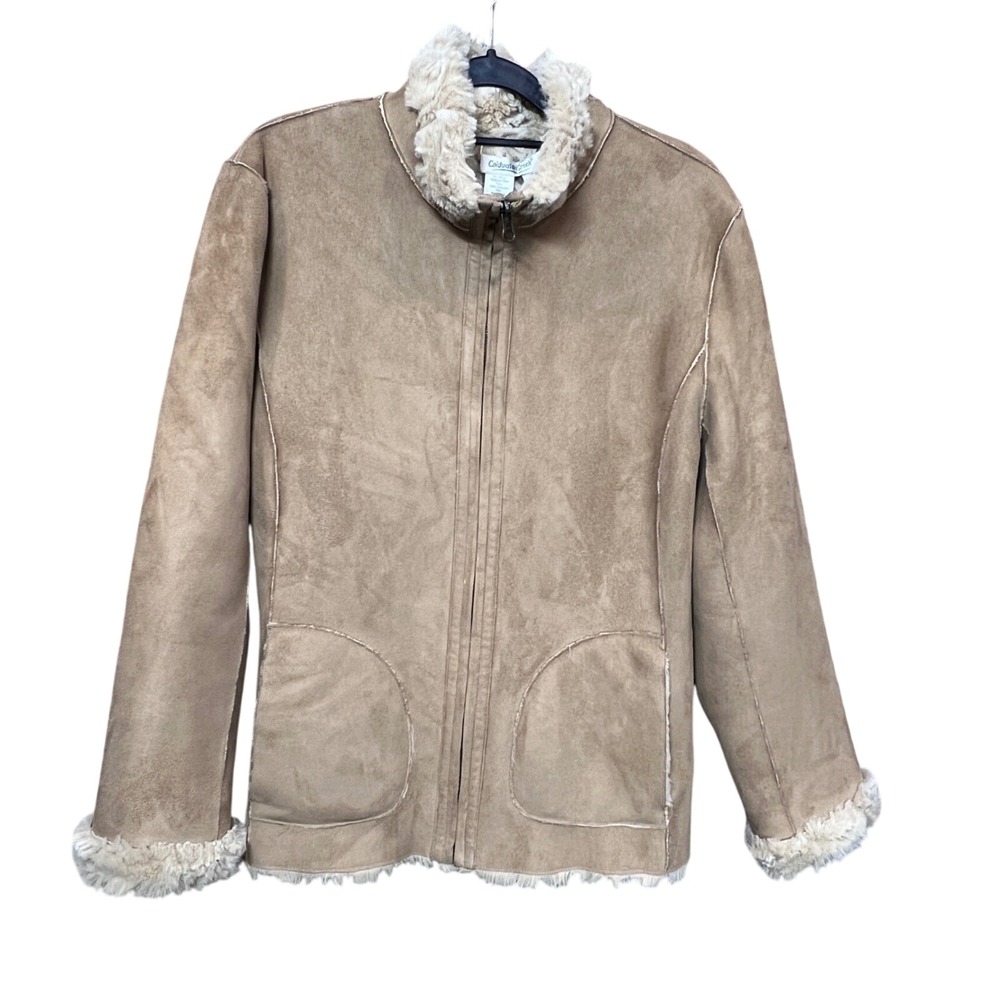 Coldwater Creek Women's Beige Faux Suede Sherpa Lined Zip Up Jacket Size M